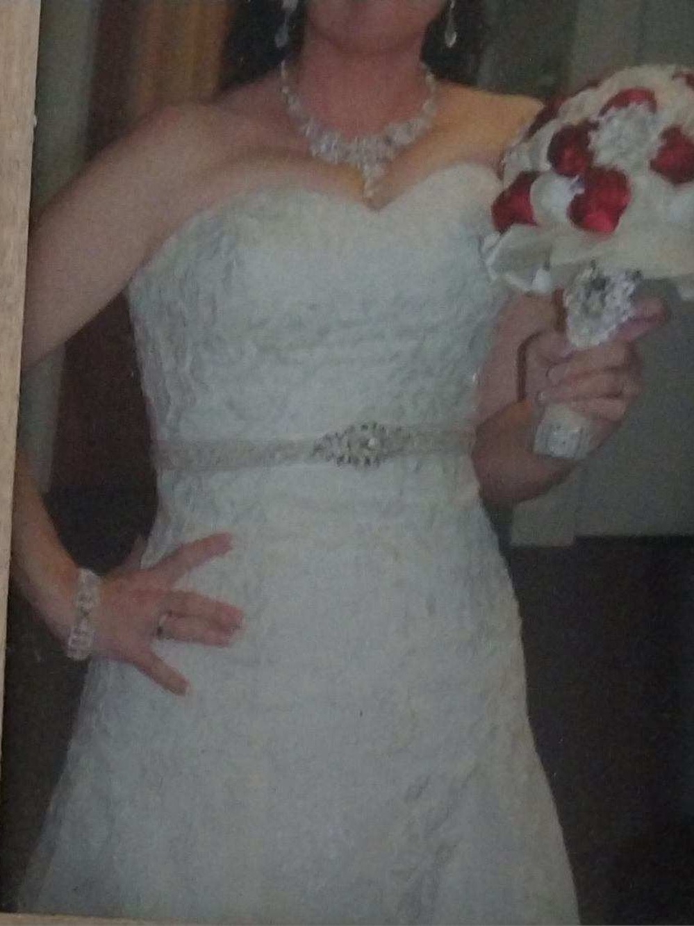 David's Bridal Strapless Lace Wedding Dress in White